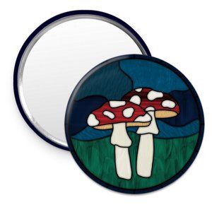 Mushroom Pocket Mirror Faux Stained Glass 3" Boho Toadstool Illustration Art